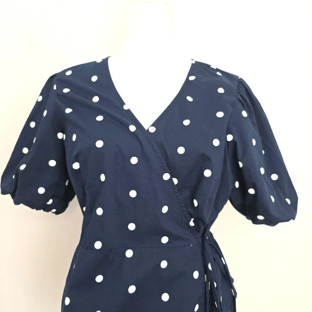 Old Navy Navy Blue White Polka Dot Puff Sleeve Wrap Top Women Size Large